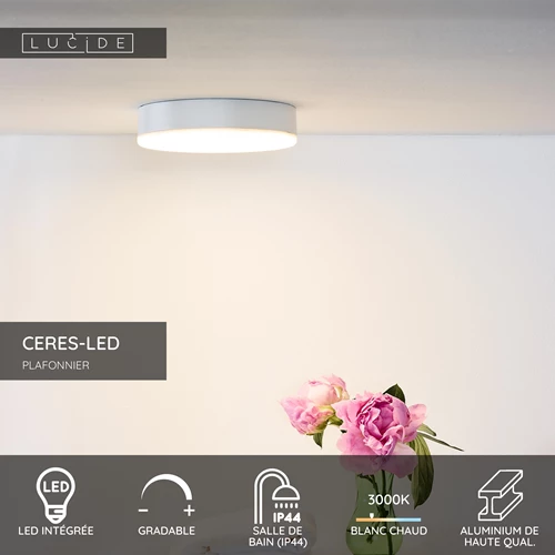 Lucide CERES-LED - Plafonnier Salle de bains - Ø 21,5 cm - LED Dim. - 1x30W 3000K - IP44 - Blanc - USP